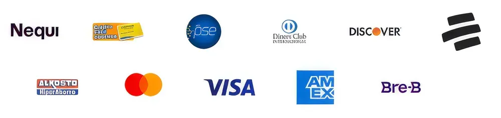 Medios de pago aceptados: Nequi, PSE, Diners Club, Discover, Scotiabank, Alkosto, Mastercard, Visa, American Express y Bre-B