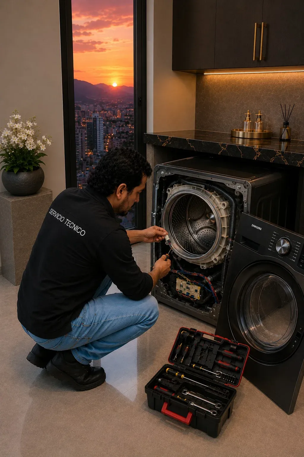 Reparación de electrodomésticos a domicilio en Medellín Técnico de servicio reparando una lavadora Samsung al atardecer en un apartamento de Medellín