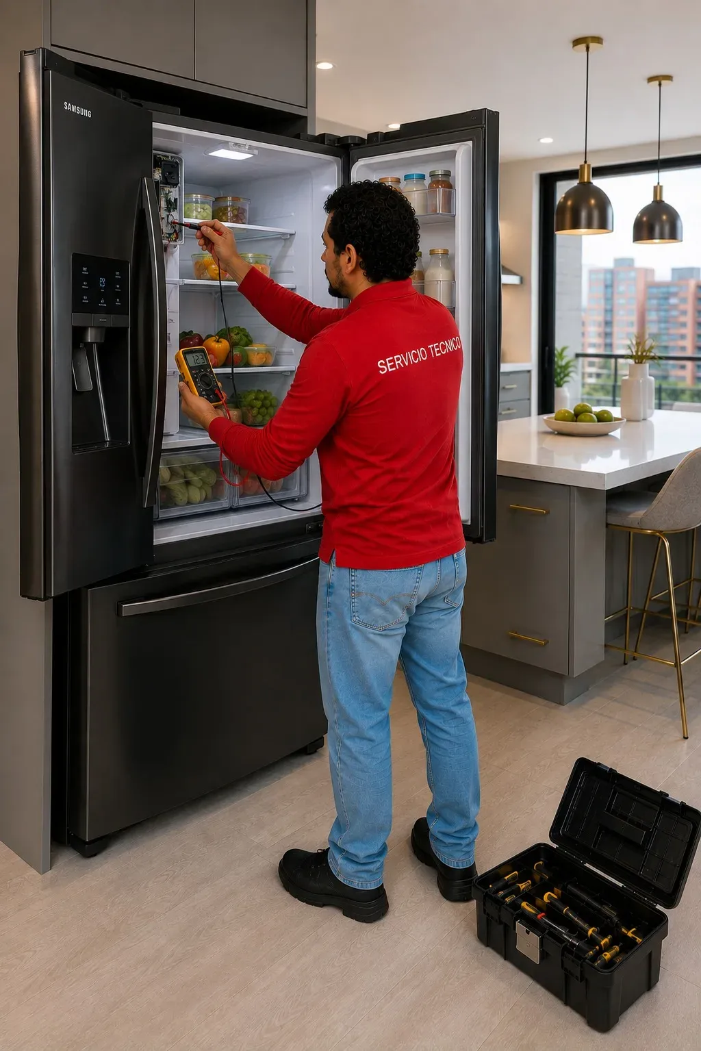 Reparación de nevecones y congeladores a domicilio en Medellín Técnico de refrigeración revisando el panel electrónico de un equipo a domicilio en Medellín
