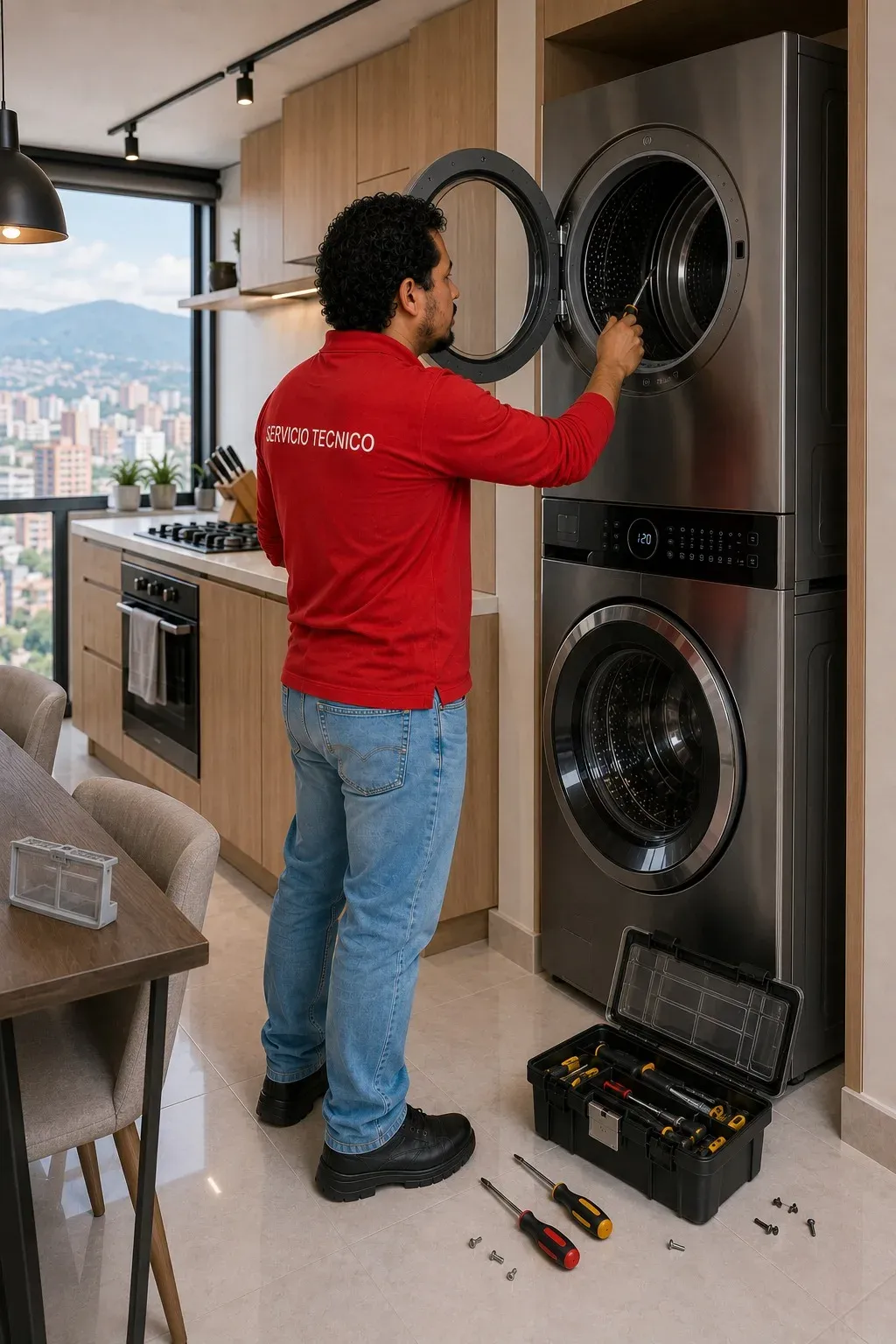 Reparación de secadoras a domicilio en Medellín Técnico revisando el tambor de una secadora en una torre lavadora-secadora en Medellín